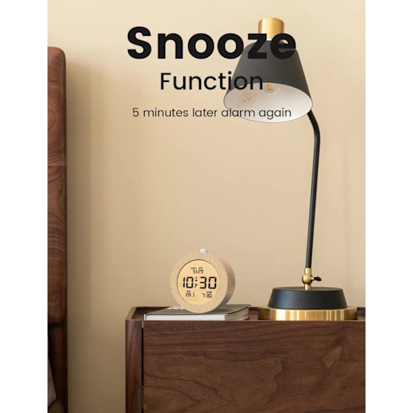 Träväckarklocka Sängbord med LCD-bakgrundsbelysning, Temperaturvisning, Snooze-funktion, 3 AAA Batteridriven Klocka för