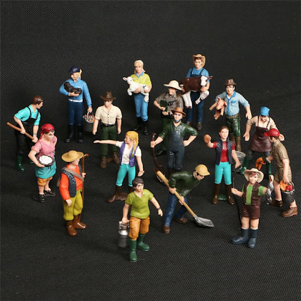 17 små bondefigurer, plastfigurer for gårdsbruk