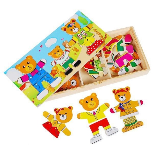 Leksaker av trä Oxford Wooden Bear Family Dress Up Pussellåda（21,5*1