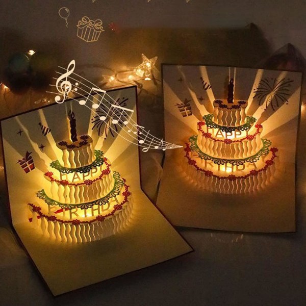 2-delte gratulasjonskort, Sing and Shine, 3D bursdagskake,