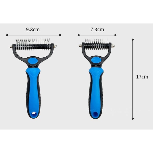 Lemmikkien hoitoharja - Kaksipuolinen karvanlähtö- ja takuton aluskarjan harava koirien ja kissojen hoitoon, 17+9 sivuhammasta, erittäin leveä, sininen, koirien hoitoharja, D