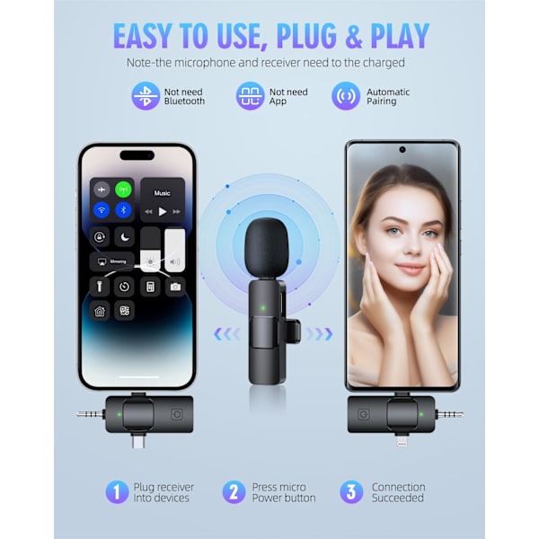 3 i 1 Trådløse Lavalier-mikrofoner til iPhone, iPad, Android, Kamera, USB-C Mikrofon, 7-timers Batteri, Mini Mikrofon