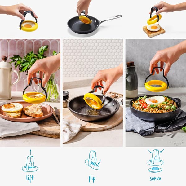 3-i-1 Flexibla Äggringar, Stekspadar & Serveringsredskap i Silikon Säker för Non-Stick - 2-pack, Gul
