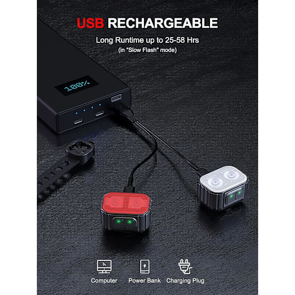 Todelt sett (forlys + baklys) sykkellys USB