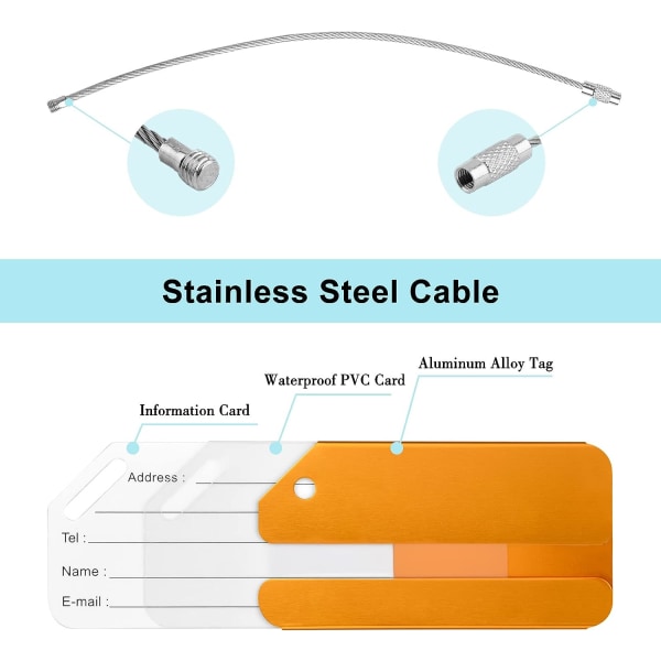 Bagasje-etiketter, 6 aluminiumslegering koffertetiketter, med rustfritt