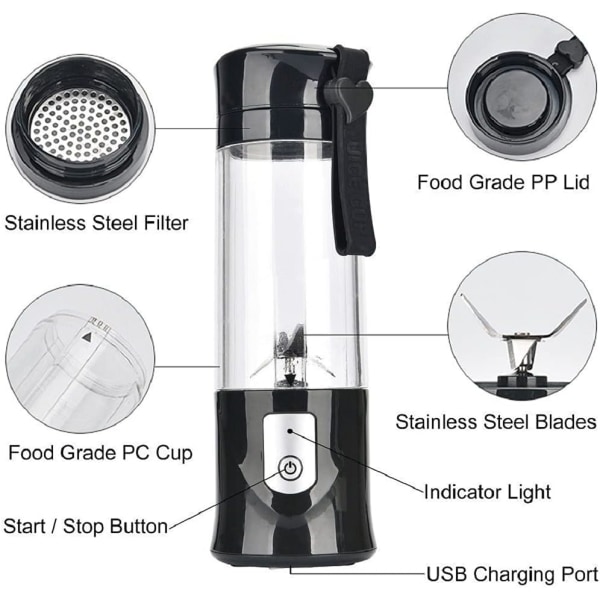 1 st (Svart) Blender, Bärbar Fruktblender, Mini USB Blender för