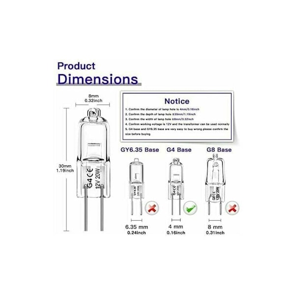 Set med 12 halogenpærer G4 20W 12V 2800 K 2 pinner for hette, kjøkken