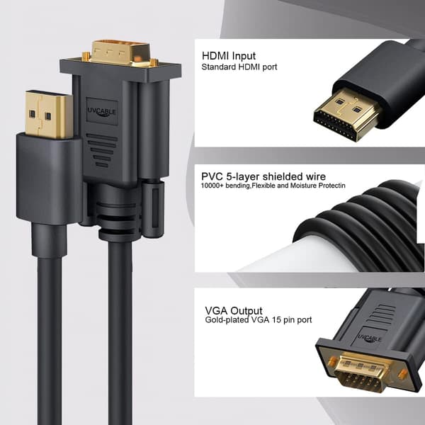 HDMI til VGA Kabel Adapter, Guldbelagt, Han til Han-ledning til Computer, Desktop (IKKE Bi-direktionel) - 1.83M