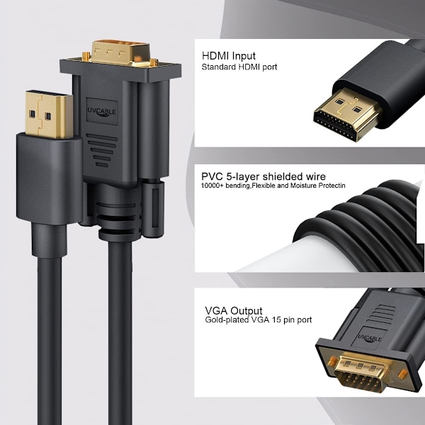 HDMI till VGA Kabeladapter, Guldpläterad, Hane till Hankabel för Dator, Stationär (EJ Dubbelriktad) - 1.83M