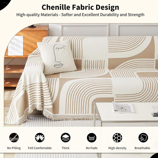 Boho Chenille Sofatrekk med Dusker, Bohemsk Sofatrekk for 1-seters Sofa, Lenestol, Stol, 1 Seter (71\" x 52\", Khaki)