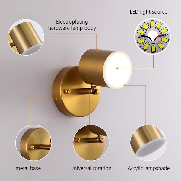 Mini Metallvegglampetter med Børstet Messingfinish Moderne 7W LED Vegglamper med 360° Rotasjonsjustering Korridor