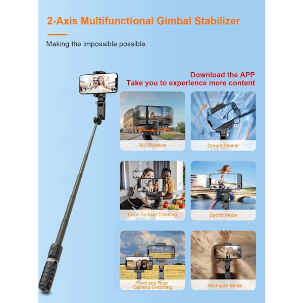 Gimbal Stabilisator för Smartphone, 2-axlig Automatisk Ansiktsföljning Selfie Stick för iPhone, 360° Rotation med Fjärrkontroll för Android