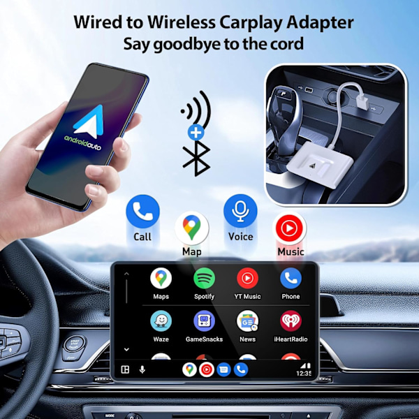 Trådlös Android Auto-adapter för bilar med fabriksmonterad trådbunden Android Auto