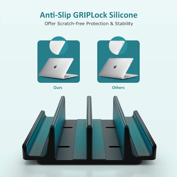 Vertikal bærbar PC-stativ - SPACEMax justerbar GRIPLock Anti-Tip silikon 4 spor aluminium skrivebordsstativ - dobbel dokstativ - 2 telefonspor passer opptil 17,3” bærbare PC-er, nettbrett, telefoner - svart