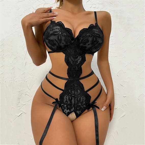 1 stk (Sort, XL) Lingeri Bodysuit Kvinders Blomster Teddy Mesh