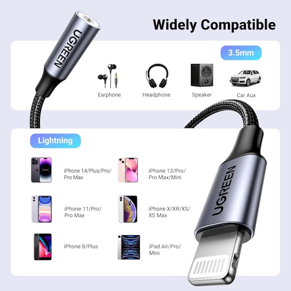 Hörlursadapter för iPhone Lightning till 3,5 mm Adapter Apple MFi Certifierad Lightning Aux Ljudjack Dongle Kompatibel