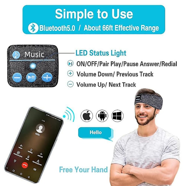 Søvnhodetelefoner Bluetooth pannebånd, perfekt for sport grå