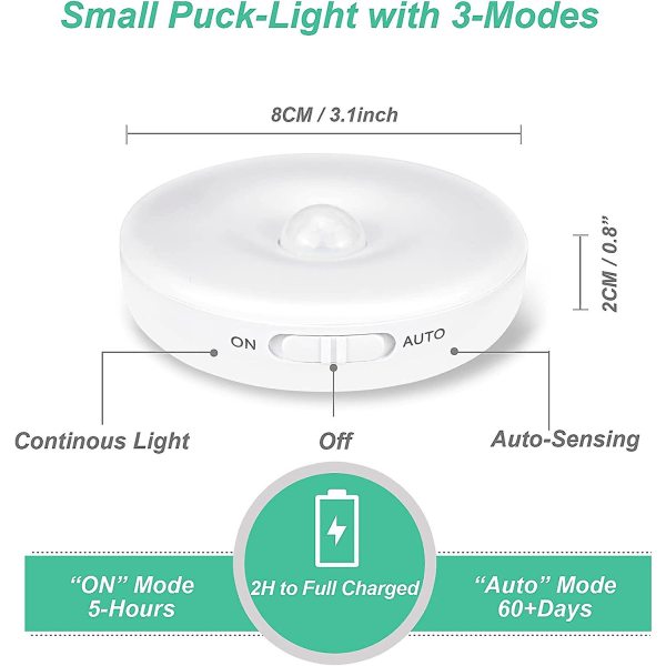 Automatisk LED-nattlys, bevegelsessensorlampe innendørs, trådløse LED-lamper, 3 moduser (auto/på/av), LED-skaplampe, oppladbar USB-lampe