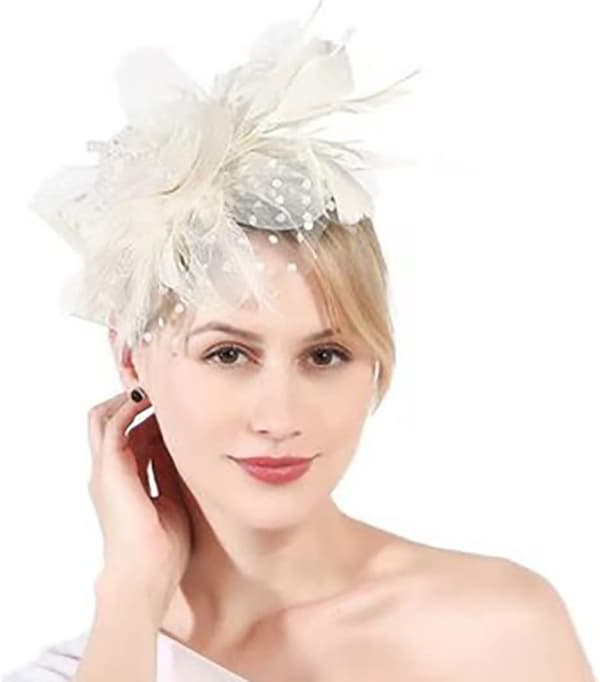 Fjærblomst Mesh Fascinatorhatt Beige Med Hårklipp Bryllup