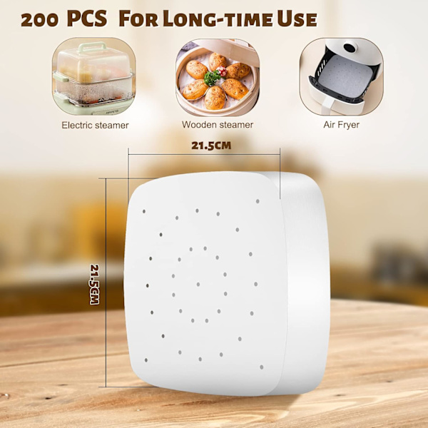 200 Ark Air Fryer Bakpapper, Kvadratisk Ångkokarepapper, 21,5 cm