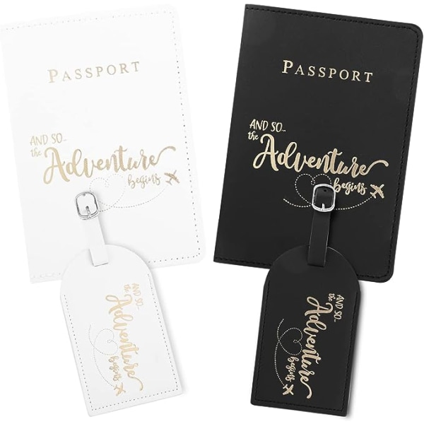 2 Pasportmapper og 2 Bagagemærker (Sort & Hvid), PU Læder