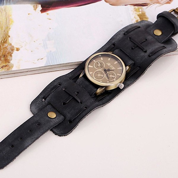 Herr Retro Armband Klocka Band Bred Läder Remanchett Vintage Quartz Armbandsur Svart