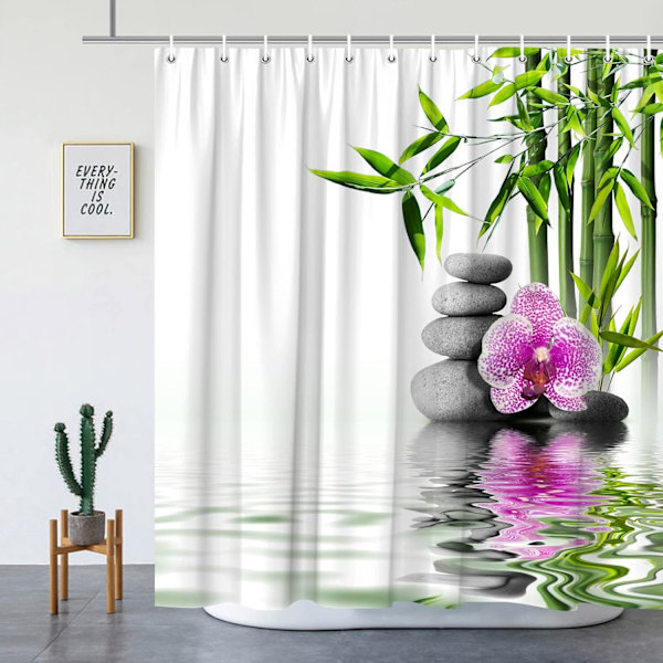 Zen Duschdraperier Grönt Bambu Lila Blomma Sten Reflektion W