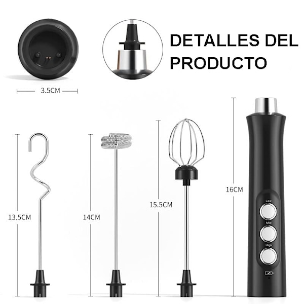 1 sett USB-oppladbart elektrisk melkeskummer, 3 hastigheter justerbar, med 3 rustfrie visper, for latte, cappuccino, varm sjokolade, egg