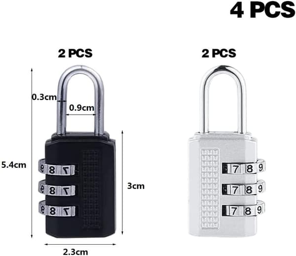 4-pack Kombinationshänglås med 3-siffrig kod, rostfritt