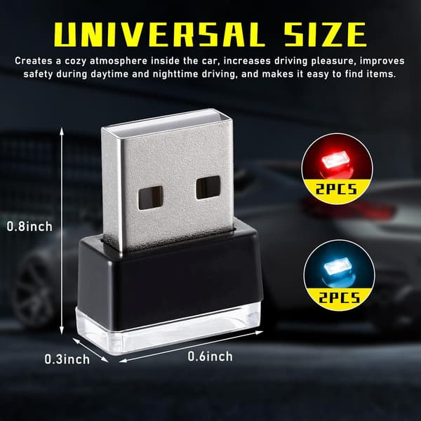 USB LED-belysning för bilens inredning, (2 röda + 2 isblå)
