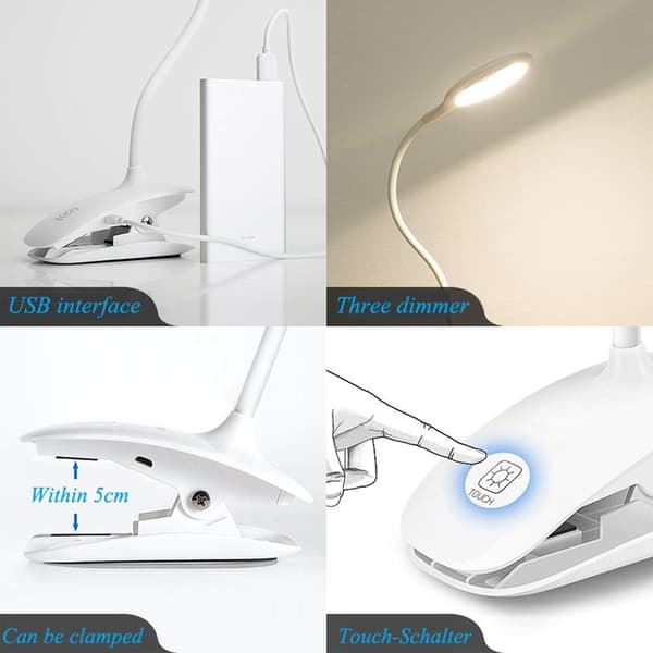LED-klemmelampe, sengelampe, berøringssensor, 360 grader