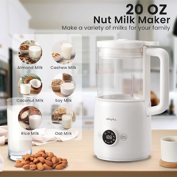 Automatisk nøttemelkmaker, 20 oz Soyamelkmakermaskin for hjemmelaget mandel/havre/soyamelk, plantebasert melk og meieri-drikker
