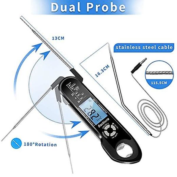 Kjøkkentermometer, Grilltermometer, Øyeblikkelig avlesning Matlagingstermometer, Kjøtttermometer, med 2 lange sonder og LCD-skjerm, for BBQ, mat, kjøtt