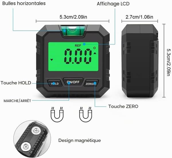 Digital vinkelmåler, inklinometer, elektronisk goniometer, vaterpas, søger, vinkelboks, sort