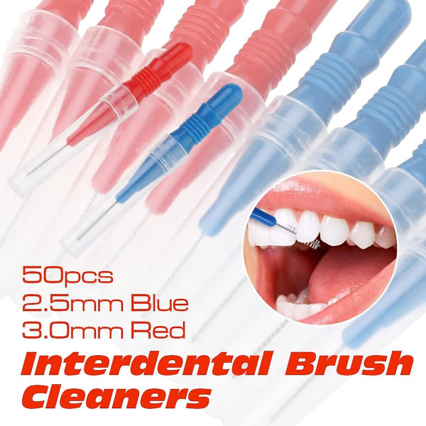 50 stk. Tandbørster til tandpleje - Interdentalbørste - Tandtråd - Tandbørste med opbevaringsboks (rød+blå)