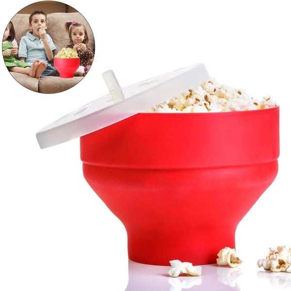 1 popcornskål i silikon, hopfällbar popcornhink i mikrovågsugn
