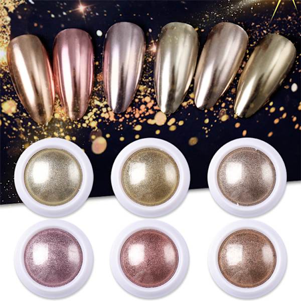 6 Burkar Roséguld Nagelpulver, Glansigt Metalliskt Spegeleffekt,