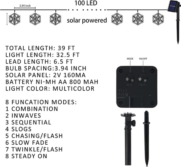100 LED Solcelled Jule Snefnug Lysstreng Udendørs, 39ft