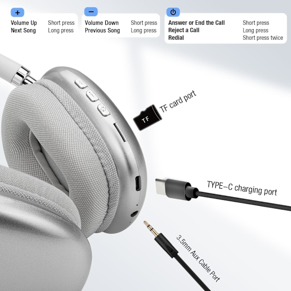 Trådløse Bluetooth Over-Ear Hodetelefoner Opptil 28 timer Batteritid Headset (Sølv)