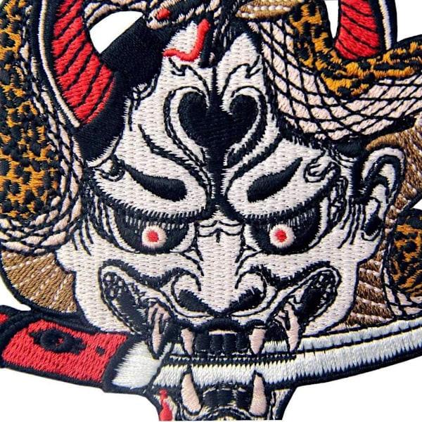 Hannya Oni Mask Patch - Kirjailtu merkki, silitettävä tai ommeltava