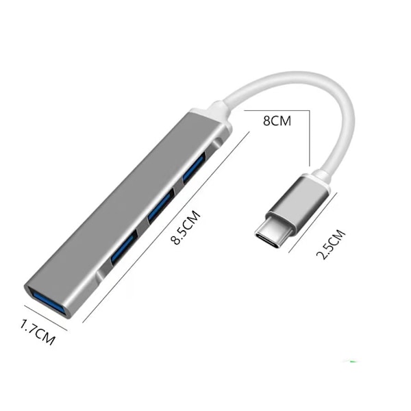 1 stk Sølv USB Hub, 4 i 1 Hub, USB Distributør, USB Flash