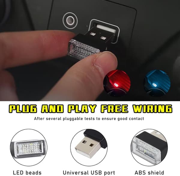 USB LED-belysning för bilens inredning, (2 röda + 2 isblå)