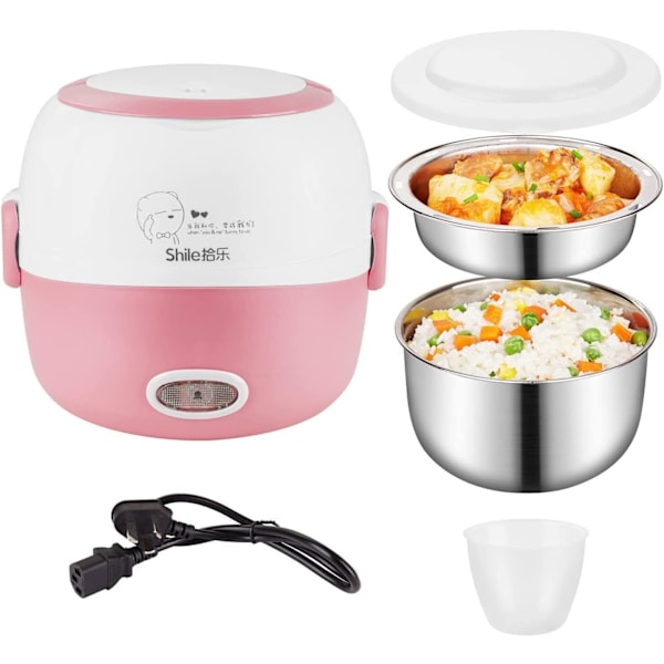 Mini Risgrynkokare Uppvärmning Bärbar - 110V 200W Avtagbar Rostfritt Stål Lunchkokare - med Skål, Tallrik, Mätkopp