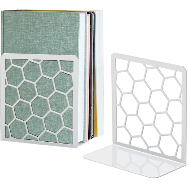 Premium Geometric Grey Honeycomb Bookends for Shelves, Metal Book