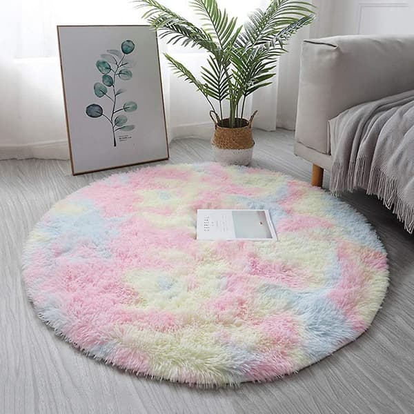 Wekity Diameter 120cm/47.2\" Runde tæpper, Fluffy runde tæpper, bløde plys tæpper egnet til soveværelse/stue (regnbuefarve)