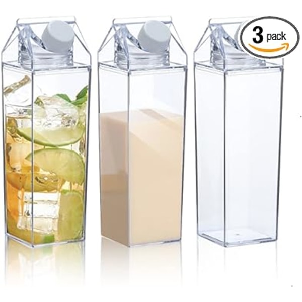 Set med 3 klar fyrkantig mjölkkartong vattenflaskor i plast