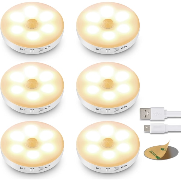 6-pack LED-lampor med rörelsesensor, laddningsbart batteri LED