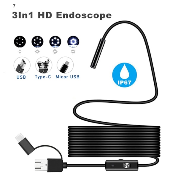 Endoskopkamera med lys, USB-endoskop