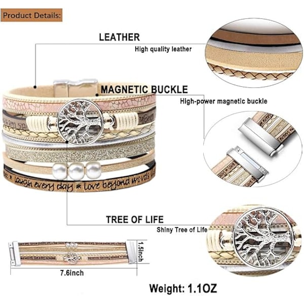 Inspirerande Livets Träd Läderarmband för Kvinnor, Födelsedag Mors Dag Smycken Gåvor för Tonårsflickor, Beige
