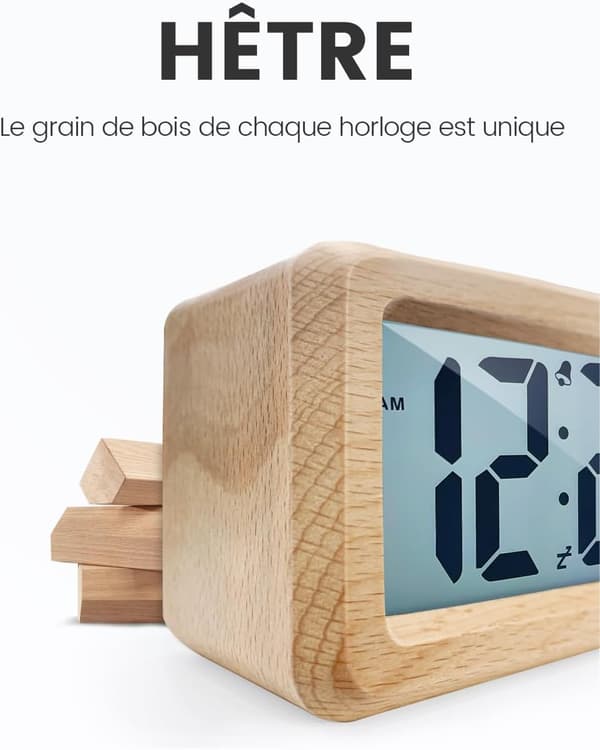 Trä digital väckarklocka, tyst LCD digital väckarklocka med datum, temperatur och sovfunktion, batteridriven